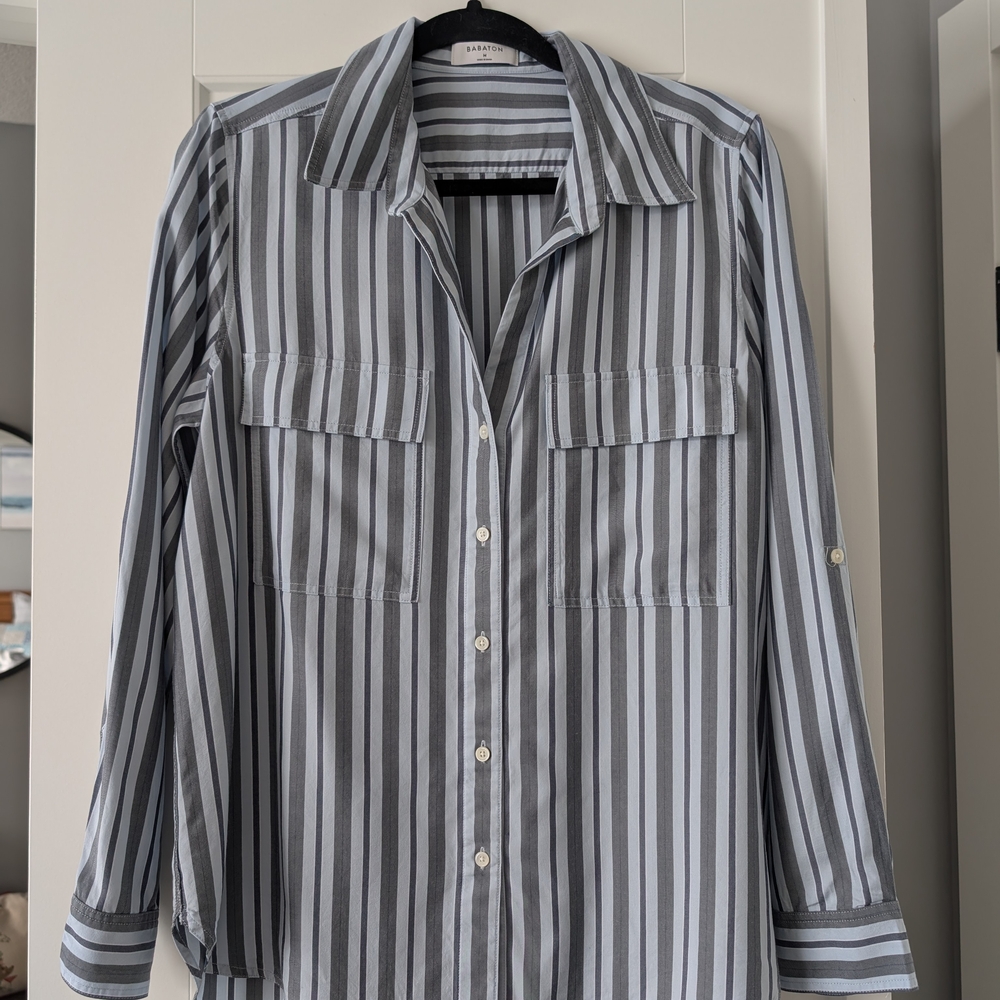 Babaton Women's Button-Down Stripe Shirt in Light Blue and Gray